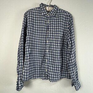 Uniqlo Shirt Plaid Linen Mens Large Button Up Long Sleeve Blue/White Casual